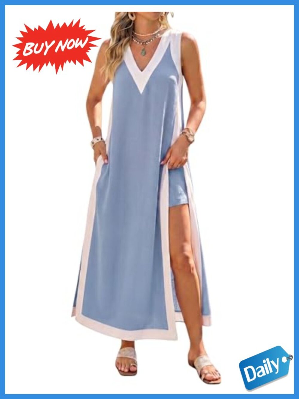 Women's 2 Piece Maxi Dress & Shorts Set, V Neck, High Slit, Color Block